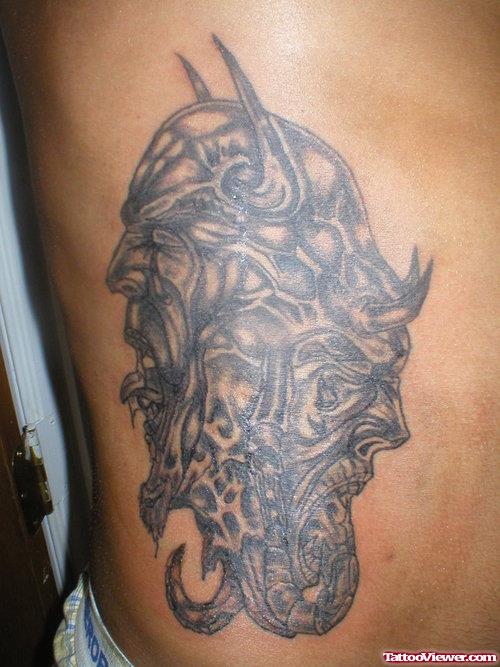 Grey Ink Devil Tattoos On Side Rib