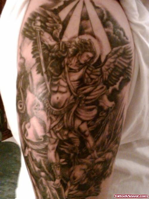 Grey Ink Archangel And Devil Tattoo On Right Sleeve