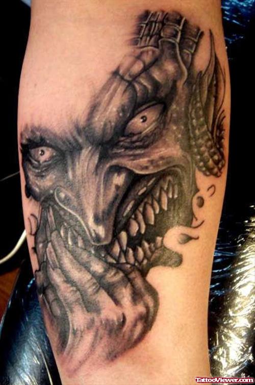 Devil Head Back Leg Tattoo