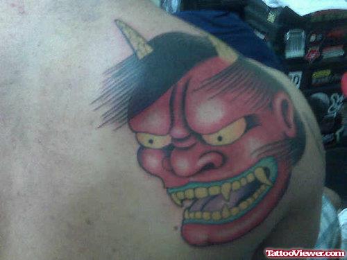 Devil Face Tattoo On Right Shoulder Back