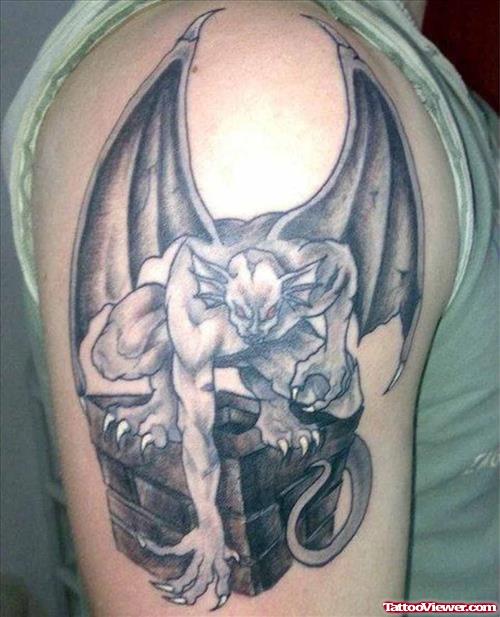 Grey Ink Gargoyle Devil Tattoo On Right Half Sleeve