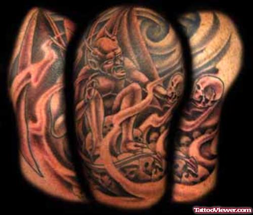 Grey Ink Devil Tattoo On Half Sleeve