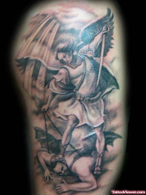 Grey Ink Archangel And Devil Tattoo On Half Sleeve