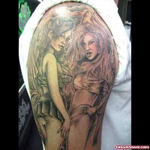 Grey Ink Angel And Devil Girl Tattoo On Sleeve
