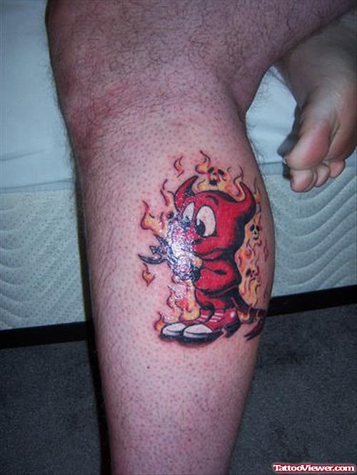 Flaming Red Devil Tattoo On Left Back Leg