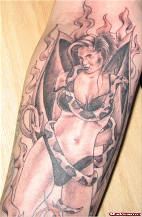 Flaming Devil Girl Tattoo On Sleeve