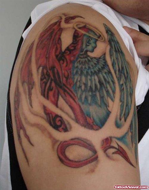 Devil Angel Tattoo On Shoulder
