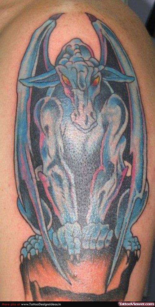 Blue Ink Gargoyle Devil Tattoo On Half Sleeve