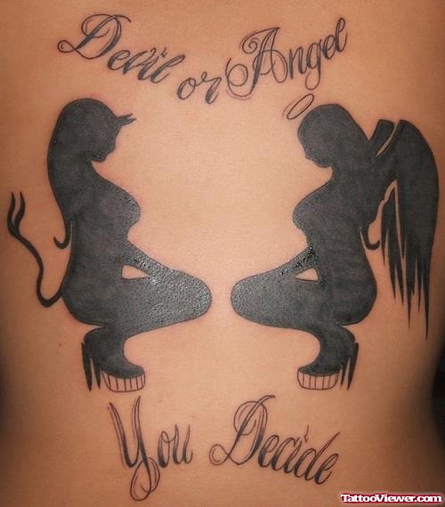Black And Angel And Devil Girls Tattoos On Back