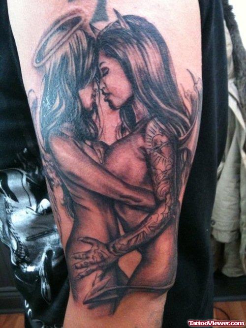 Angel Girl And Devil Girl Tattoo On Sleeve