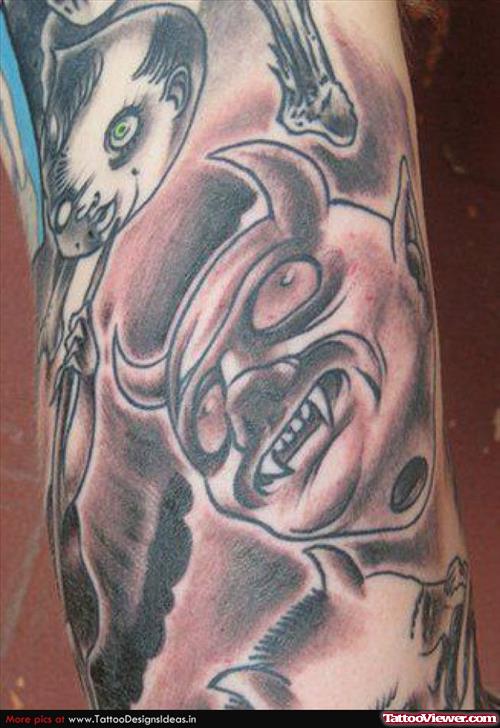 Grey Ink Devil Head Tattoo On Half Sleeve