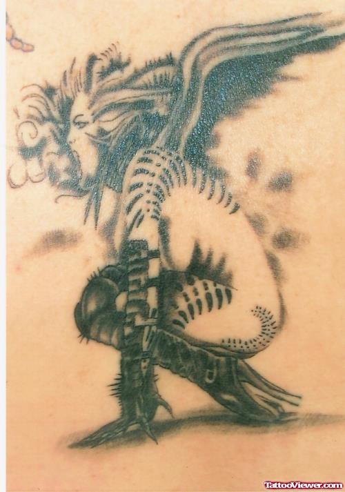 Grey Ink Devil Girl Tattoo On Back