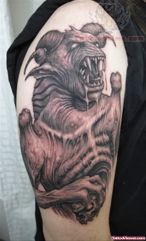 Grey Ink Angry Satan Devil Tattoo On Half Sleeve