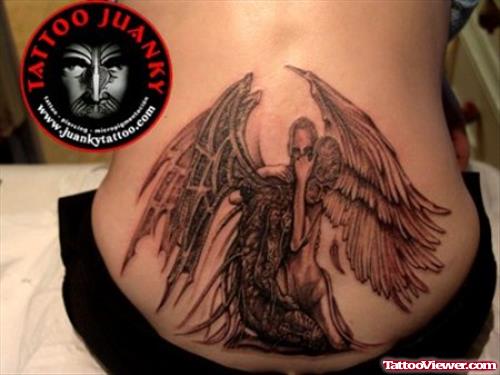 Grey Ink Angel And Devil Tattoo On Lowerback