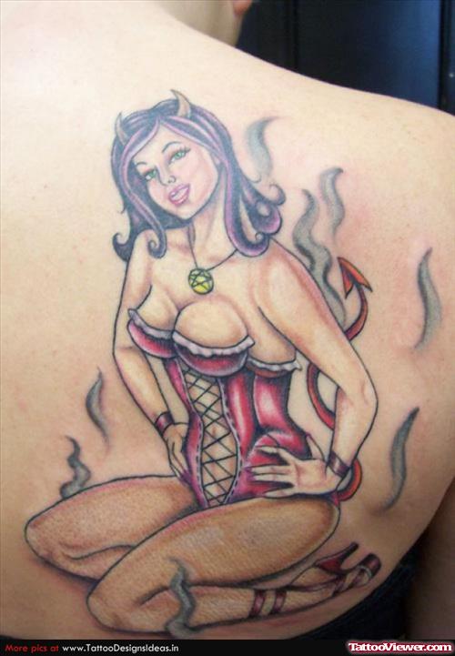 Flaming Devil Tattoo On Back Shoulder