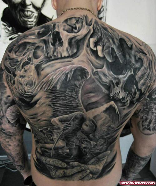 Grey Ink 3D Devil Tattoo On Back