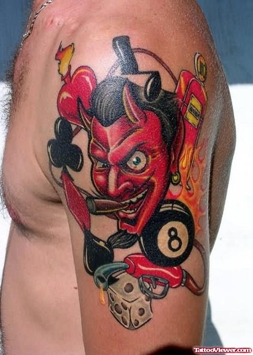 Dice, Eightball And Devil Tattoo On Man Left Shoulder