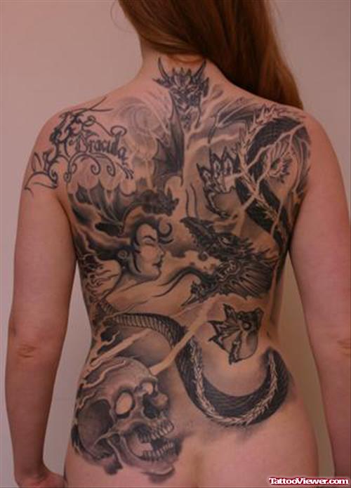 Devil Tattoo On Girl Back Body