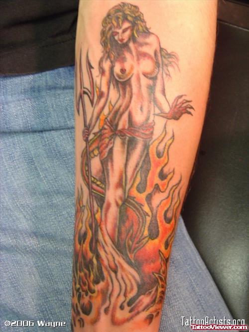 Devil Girl In Fire Tattoo On Left Sleeve