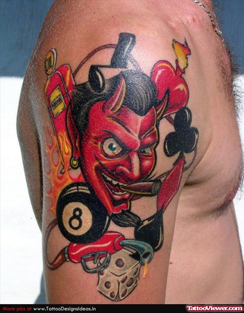 Eightball And Red Devil Tattoo On Right Shoulder