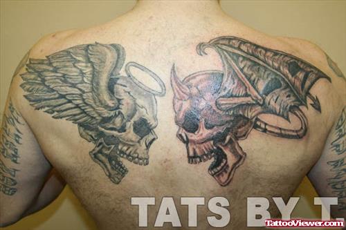 Angel And Devil Skulls Tattoos On Back