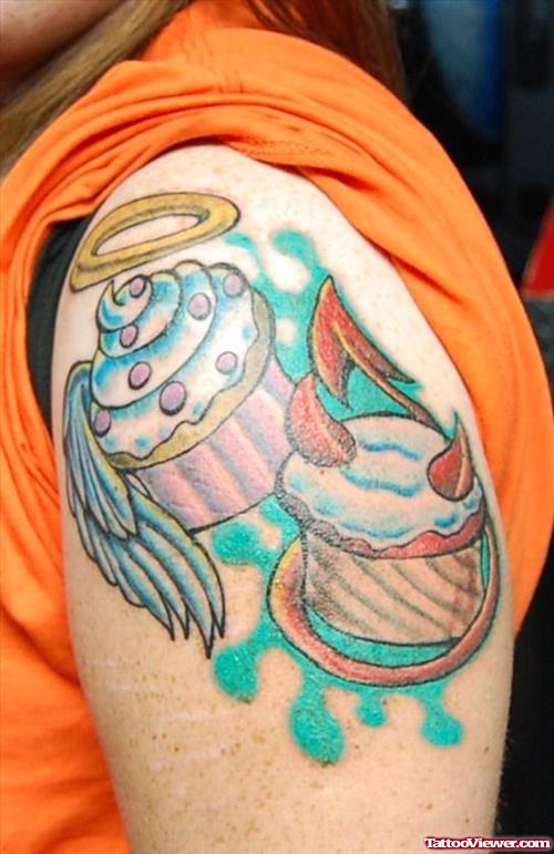Angel Devil Cupcake Tattoo On Shoulder