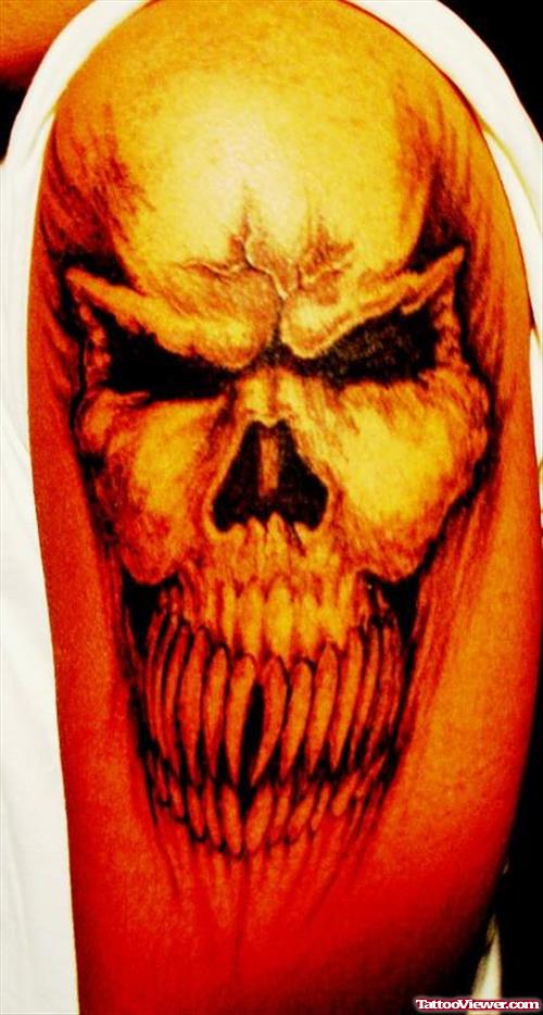 Devil Skull Tattoo On Left Half Sleeve