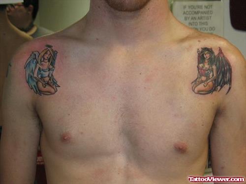Colored angel And Devil Girl Tattoos On Collarbones