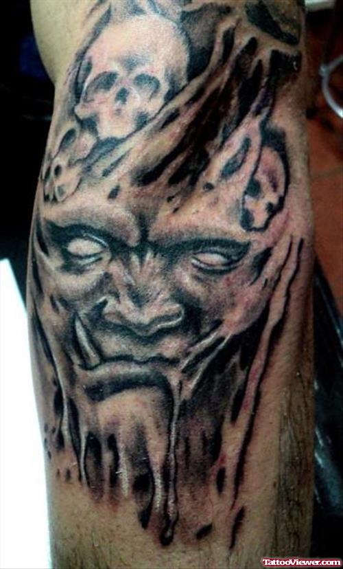 Best Grey Ink Devil Tattoo On Sleeve
