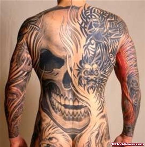 Awesome Grey Ink Devil Skull Tattoo On Back