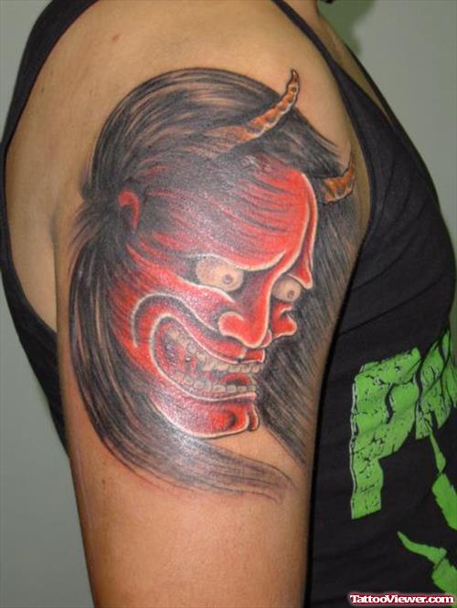 Devil Face Tattoo On Shoulder