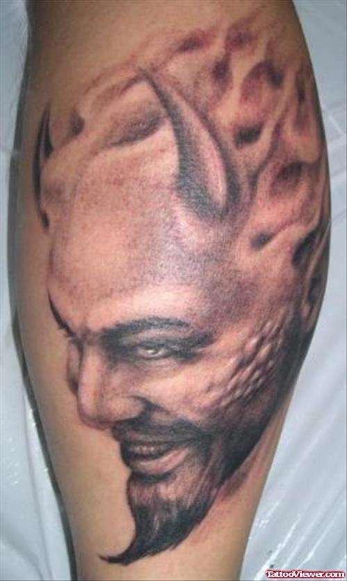 Awesome Grey Ink Devil Tattoo On Leg