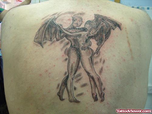 Devil n Angel Dancing Tattoo On Upper Back