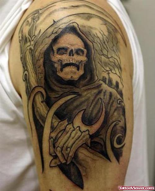 Devil Grim Reaper Tattoo On Left Half Sleeve