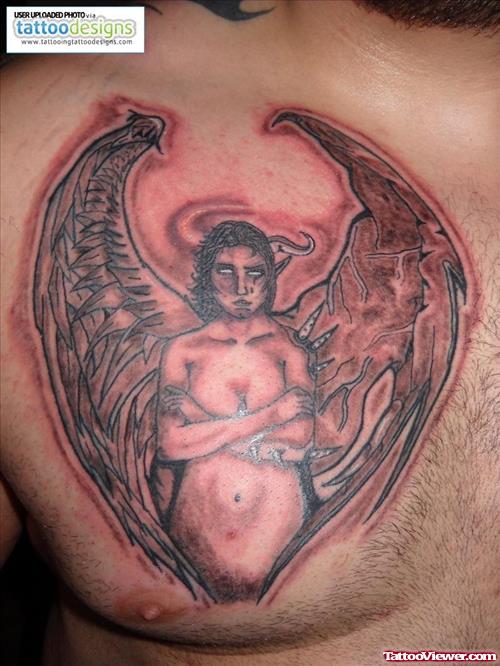 Cool Grey Ink Devil Tattoo On Man Chest