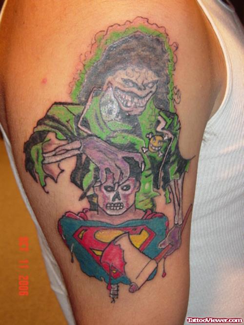 Colored Superman And Devil Tattoo On Right Half Sleeve