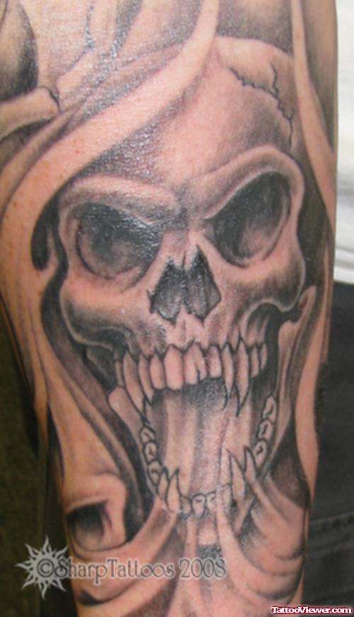 Awesome Grey Ink Skull Devil Tattoo
