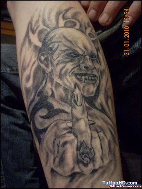 Awesome Grey Ink Devil Tattoo DesignOn Sleeve