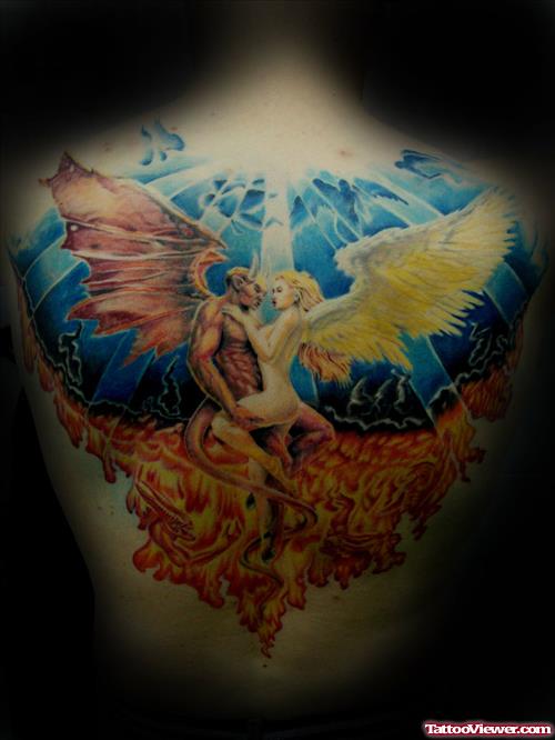Angel Girl And Devil Love Tattoo On Back