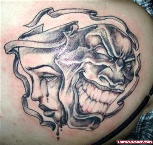 Devil Face Tattoo On Back Shoulder