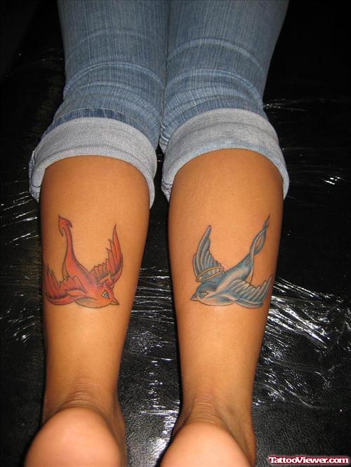 Devil & Angel Swallow Bird Tattoo On Legs