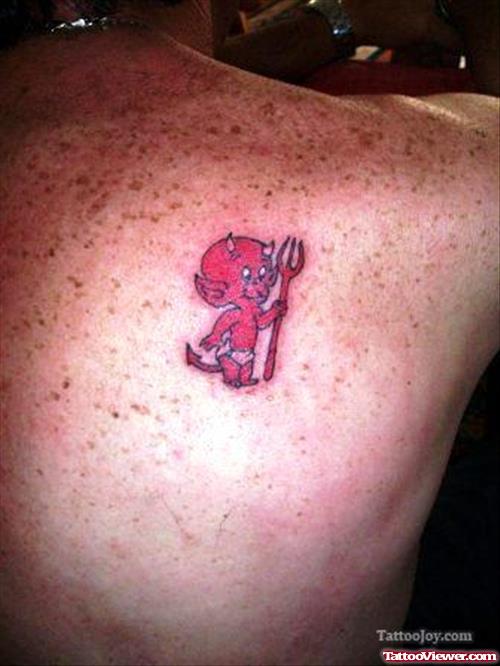 Cute Red Devil Tattoo On Back Shoulder