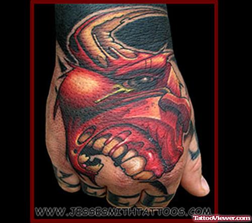 Colored Devil Tattoo On Right Hand