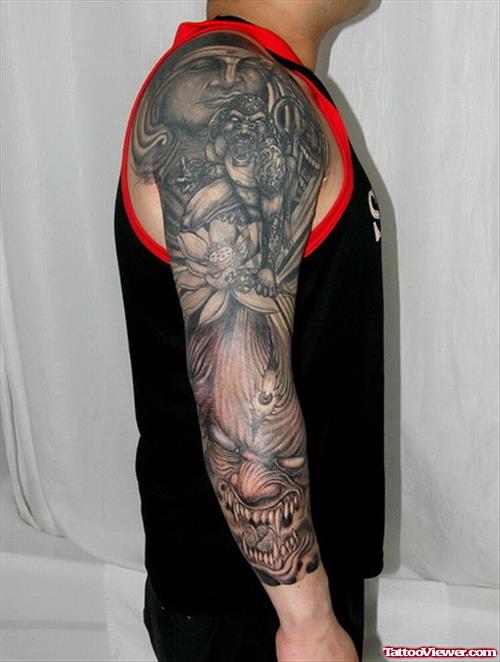 Buddha And Devil Tattoo On Right Sleeve