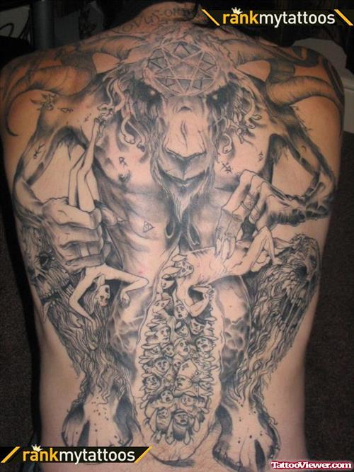 Best Grey Ink Devil Tattoo On Back Body