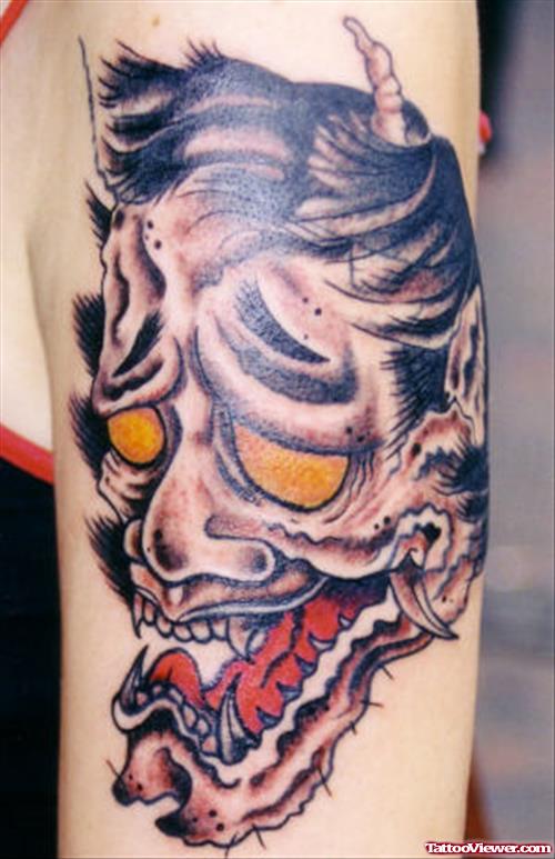 Awesome Yellow Eyes Devil Head Tattoo