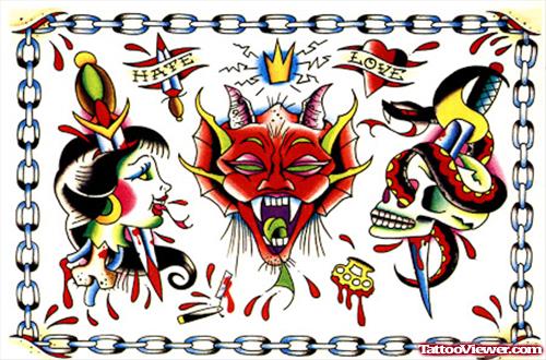Awesome colored Devil Tattoos Design