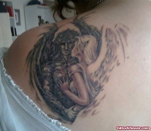 Angel And Devil Tattoos On Left Back Shoulder