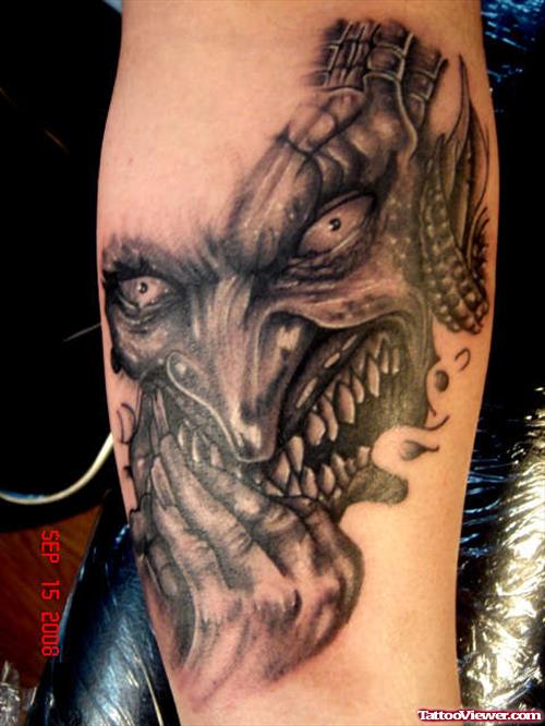 Awesome Grey Ink Devil Tattoo On Sleeve