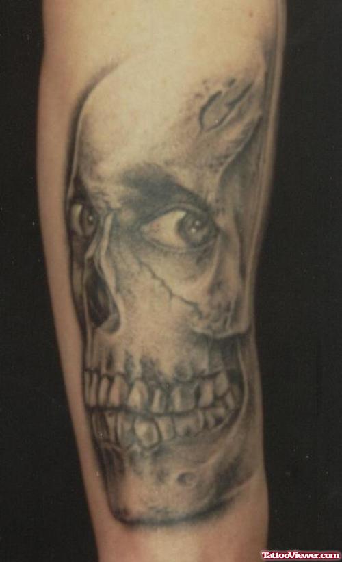 Awesome Grey Ink Devil Skull Tattoo On Sleeve